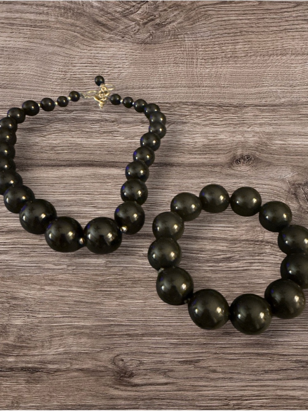Vintage Monet Black Bead Necklace & Bracelet Set | Graduated Beads - Picture 2 of 8